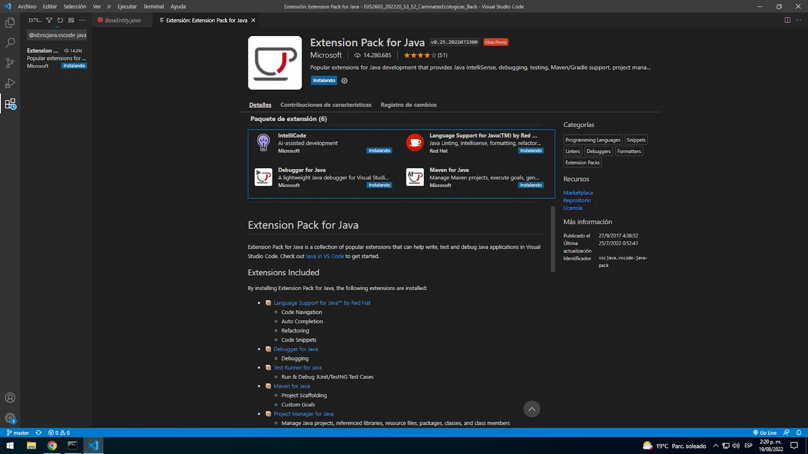 Instalación de Extension Pack for Java