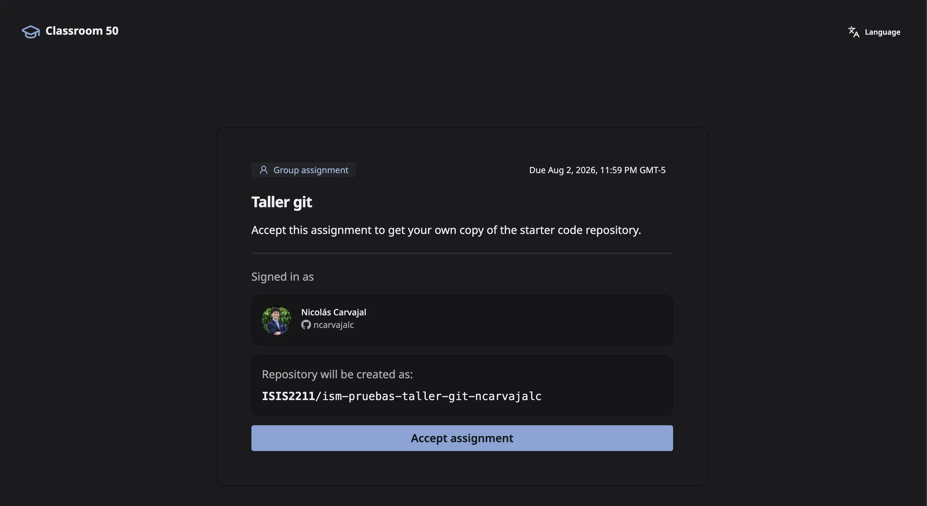 Pantalla de aceptación mostrando el usuario, el nombre del repositorio y el botón Accept assignment