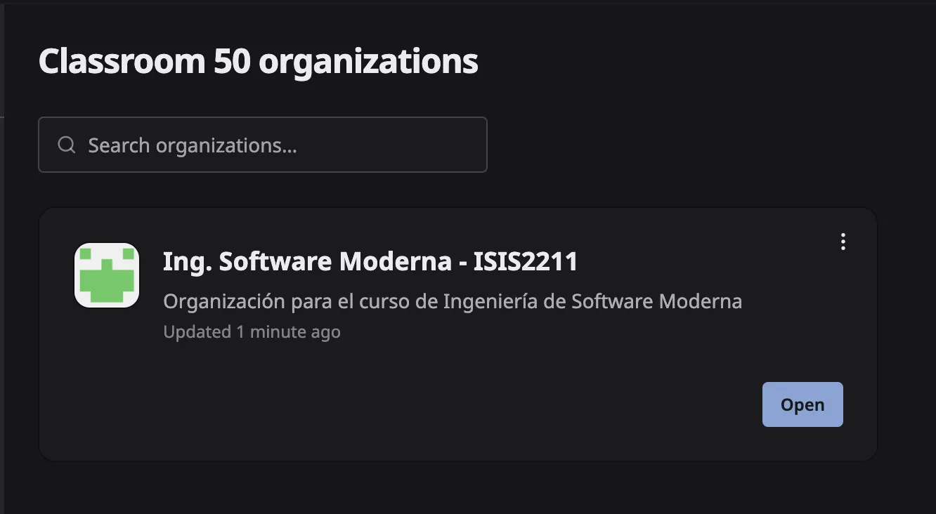 Lista de organizaciones en Classroom 50, con la organización del curso y el botón Open