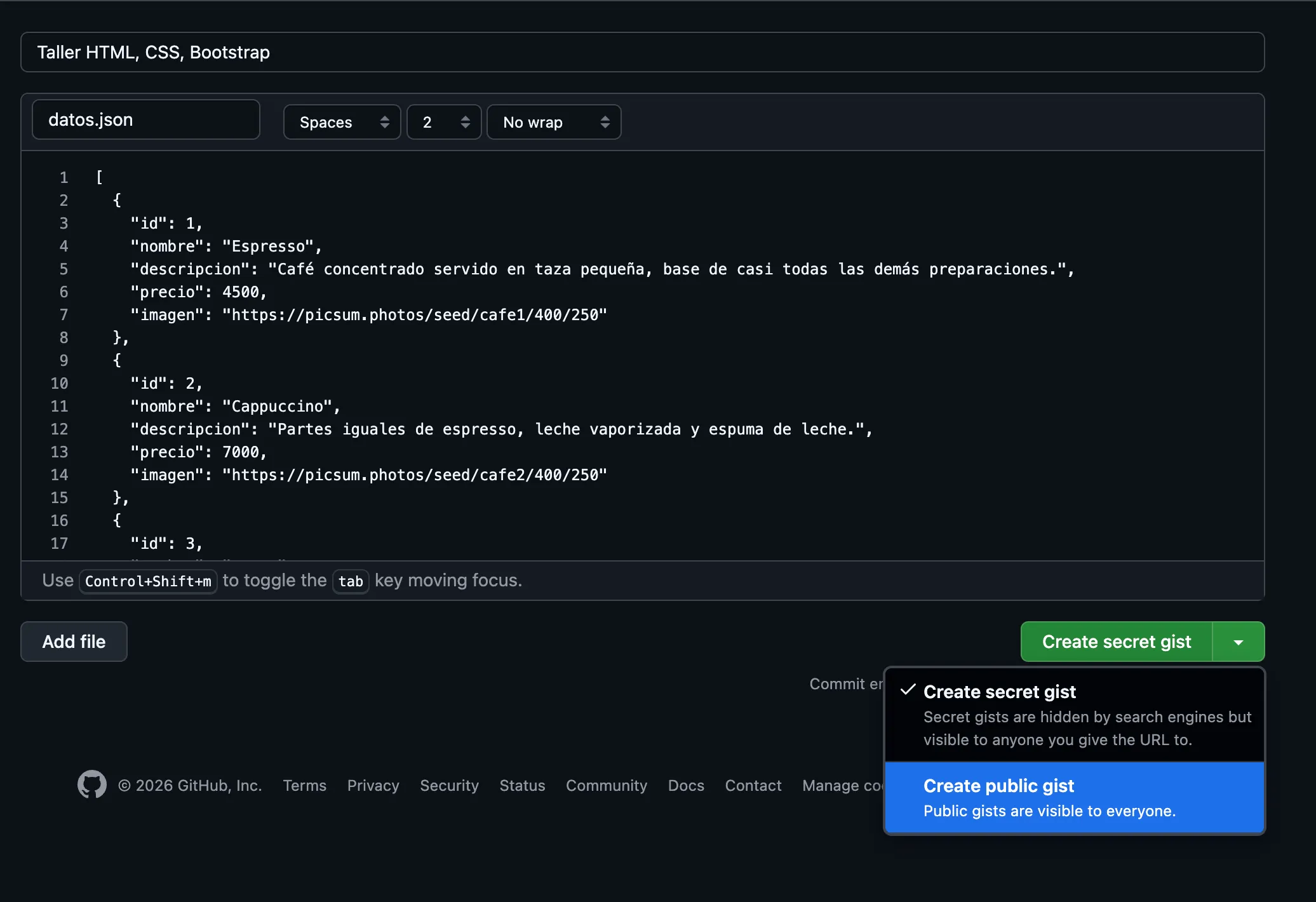 Formulario de creación del Gist con la descripción, el archivo datos.json y el contenido JSON