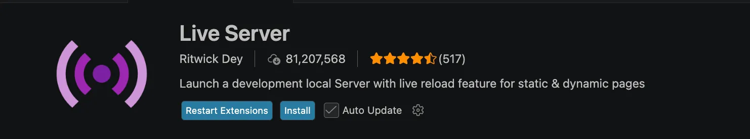 Extensión Live Server en el marketplace de VSCode con el botón Install