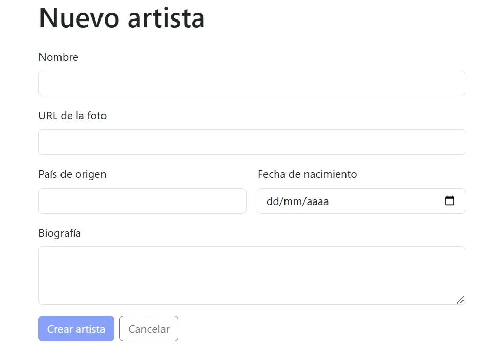 Formulario para crear un Artista