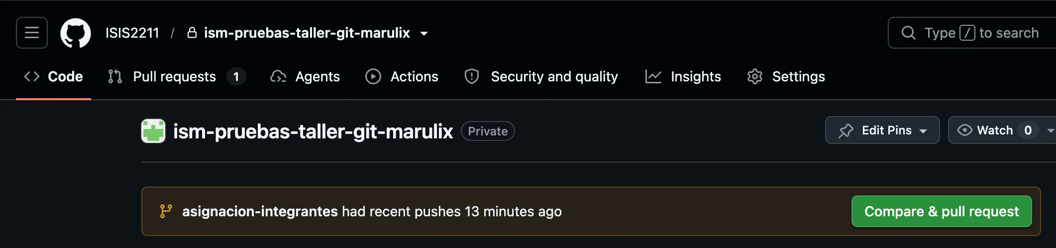 Banner amarillo de GitHub indicando que la rama asignacion-integrantes tuvo pushes recientes, con el botón Compare & pull request