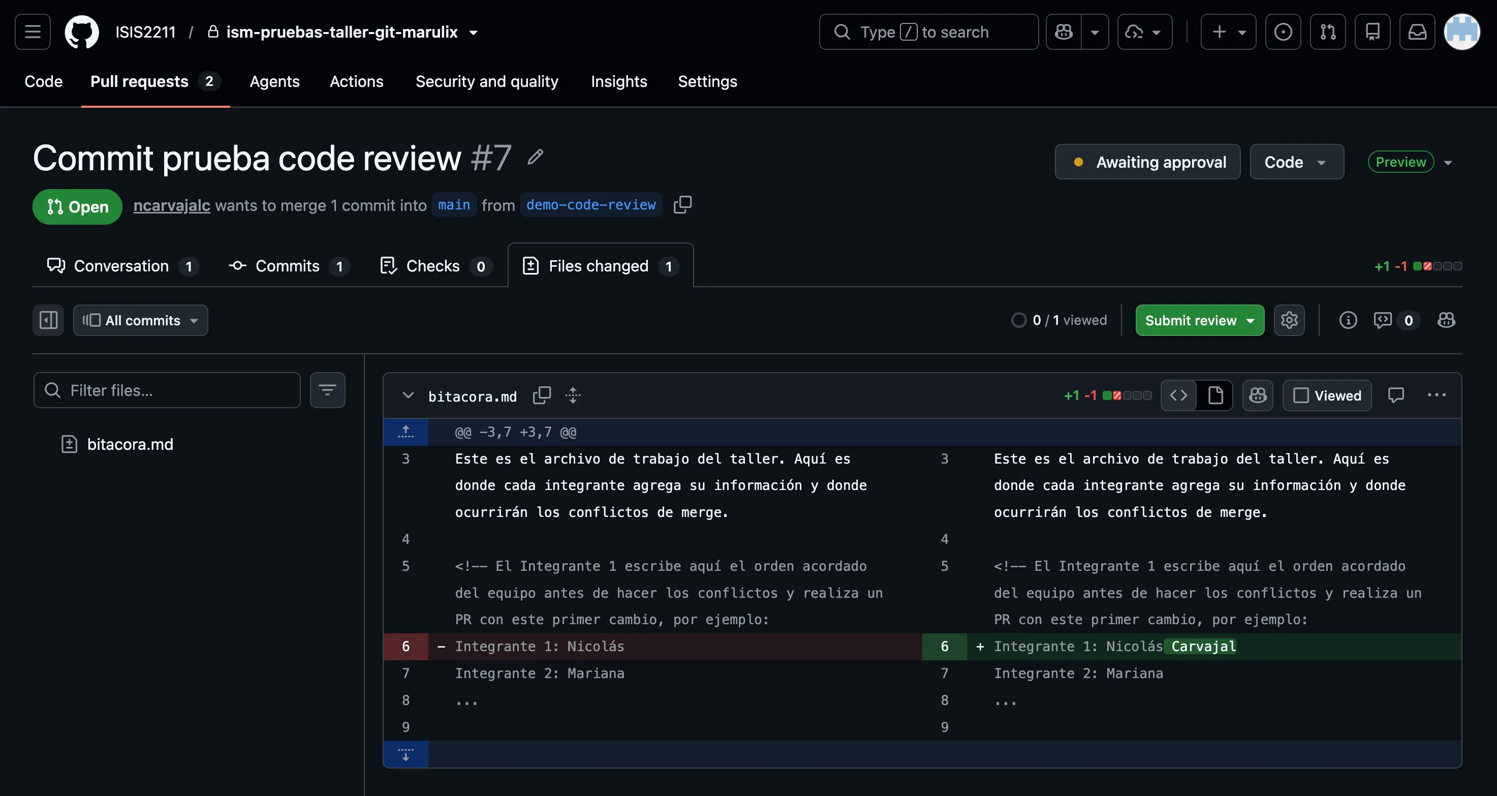 Pestaña Files changed de un Pull Request mostrando el diff de bitacora.md, el contador 0/1 viewed y el botón Submit review