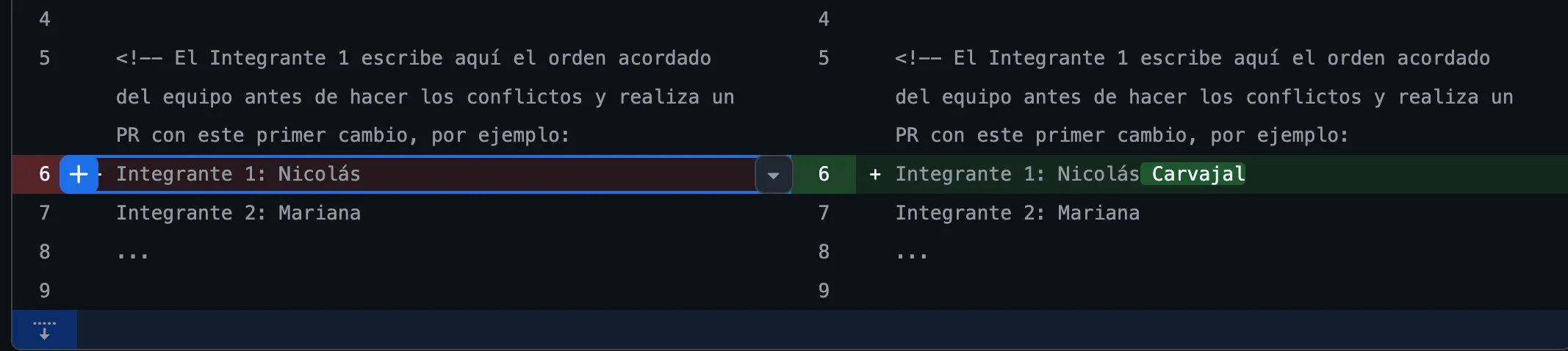 Línea específica del diff con el ícono + azul para agregar un comentario en esa línea