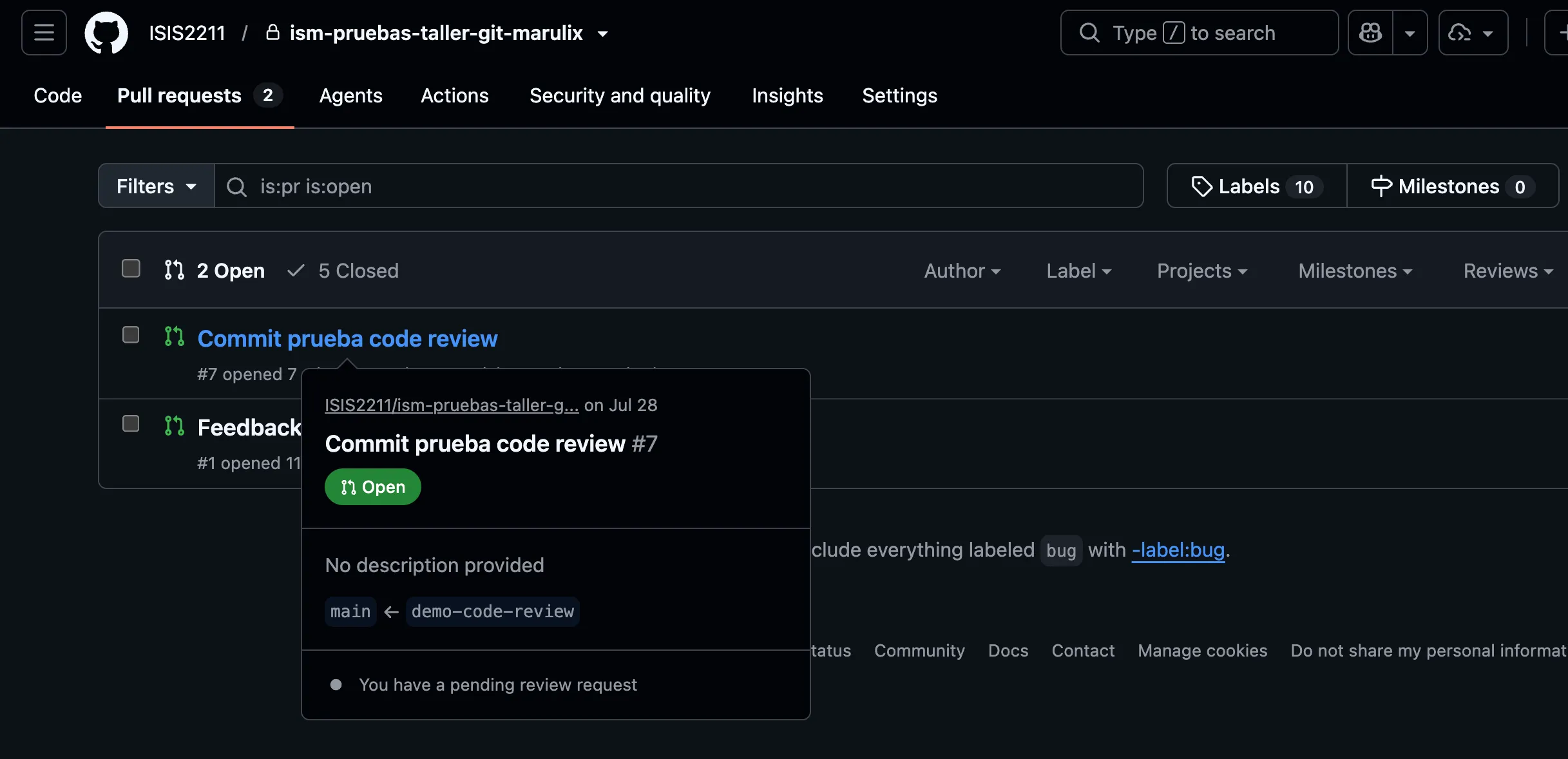 Lista de Pull requests de GitHub con el mouse sobre un PR mostrando la tarjeta de vista previa con el aviso You have a pending review request