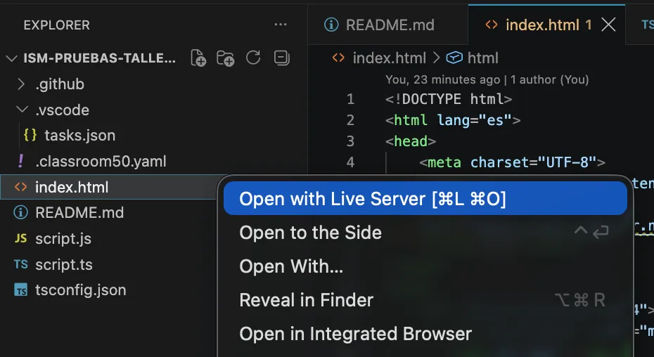Menú contextual de VSCode con la opción Open with Live Server